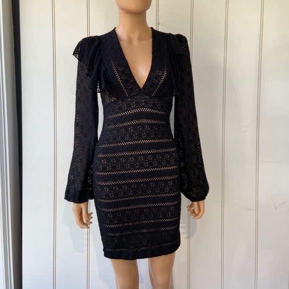 Nightcap Dresses & Skirts - Nightcap Black Long Sleeve Lace Knit V-Neck Dress